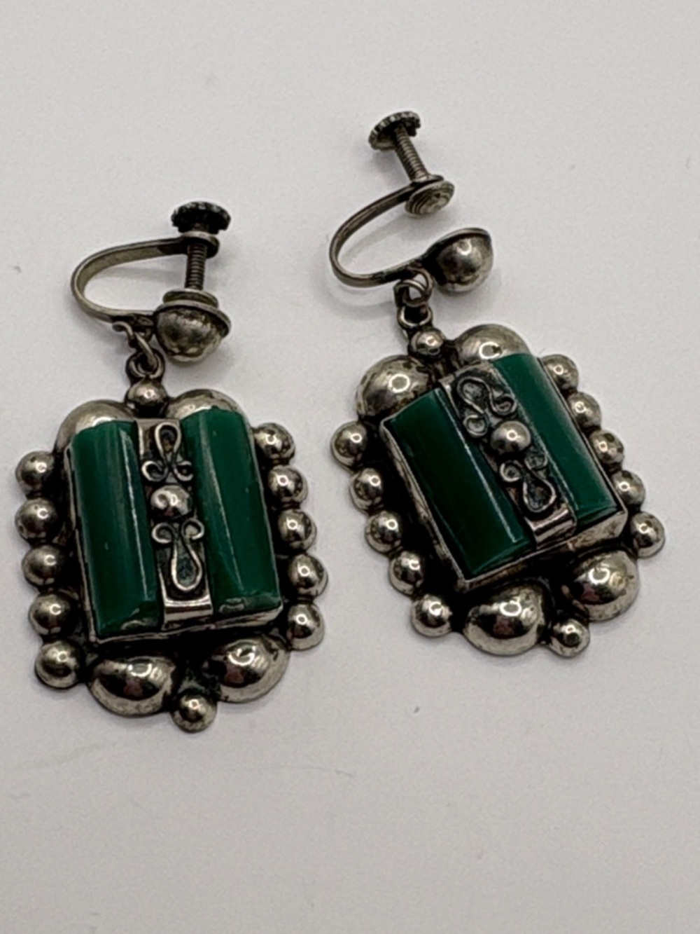 Vintage 40’s Mexican Silver Green Stone  Dangle Clip Earrings